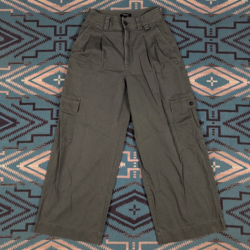 Madewell The Harlow Wide-Leg Cargo Pant High Rise Pleat Olive Green Size 2 26x29